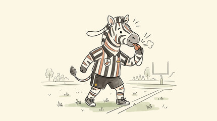 Fototapeta premium Cartoon zebra football player holding snack on field.