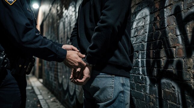 Police officer arrests man, places handcuffs on him in dark urban alley. Suspect is detained by law enforcement on graffiti wall background. Arrest scene in city street at night.