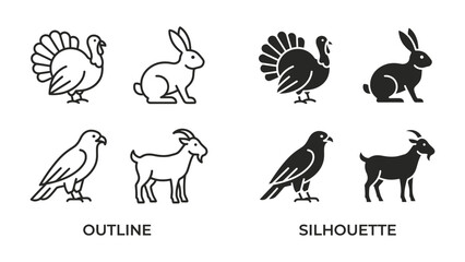 Naklejka premium Animal Iconography: A collection of simplified line art and silhouette icons depicting various farm and wild animals, including a turkey, rabbit, dove, and goat.