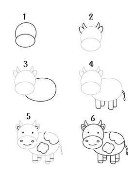 coloring page for kids,  cow drwing, step by step