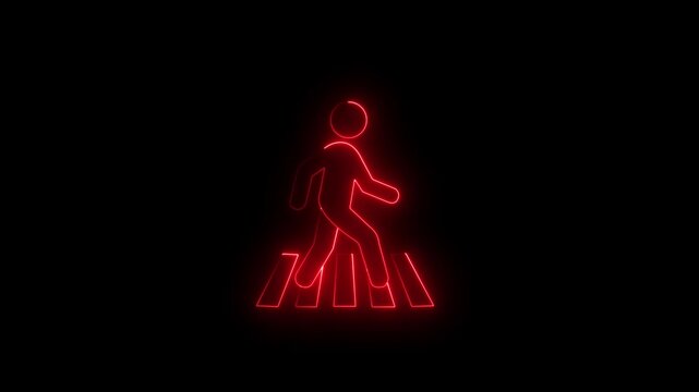glowing neon zebra crosswalk icon isolated on black background. Person walking cross the road. Human safety sidewalk pictogram, road safety street crossing concept. 4k video on black background.