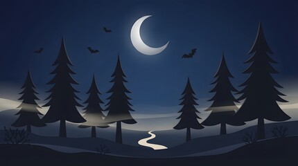 Fototapeta premium A serene and mystical nighttime landscape featuring a crescent moon illuminating a shadowy forest and calm waters
