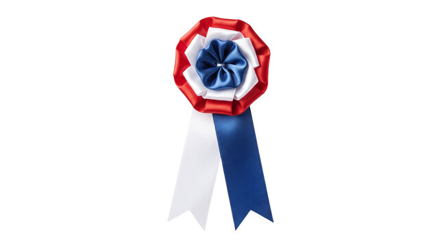 Red white and blue fabric award rosette badge with long hanging ribbons on white background