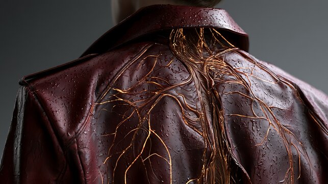 33. A close-up of a biopunk trench coat. The fabric is made of a self-repairing synthetic leather that slowly breathes, with integrated bioluminescent thread patterns glowing in a faint amber 