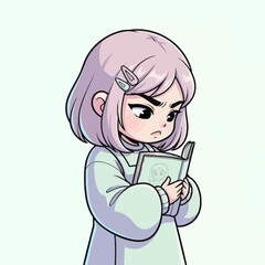 Cute cartoon girl reading a book with bow.
