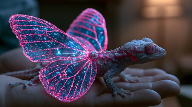 30. A close-up portrait of a domestic pet in a biopunk world: a small lizard with glowing butterfly wings. The wings have intricate bioluminescent patterns of hot pink and electric blue, resting 