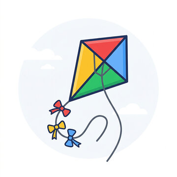 Colorful diamond-shaped kite flying high with playful streamers against white background