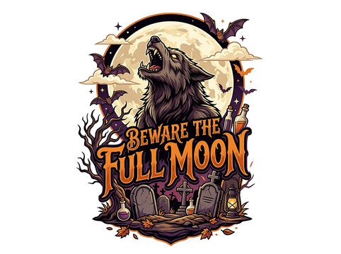 Beware the full moon werewolf halloween round badge with gravestones bats night sky werewolf halloween gravestones cemetery illustration seasonal celebration