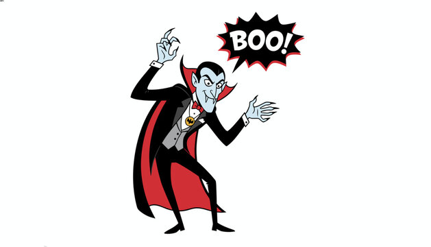 Funny cartoon vampire count dracula wearing black cape scaring with spooky boo message bubble halloween theme.