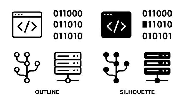 Digital Iconography: A set of graphic icons representing coding, binary code, server racks, and data structures, presented in both outline and silhouette styles.