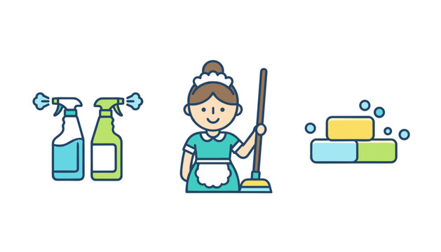 Cleaning service themed icons featuring spray bottles, a smiling maid with a mop, and stacks of colorful soap bars.