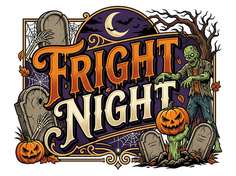 Fright night spooky graveyard vector artwork featuring a zombie carved pumpkin tombstones skeleton hand full moon background halloween graveyard tombstone skeleton