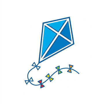 Blue diamond kite flying high with decorative tail against clear sky vector icon
