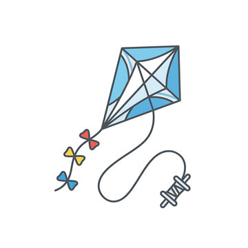 Hand-drawn colorful kite flying in wind with decorative floral tail against white background