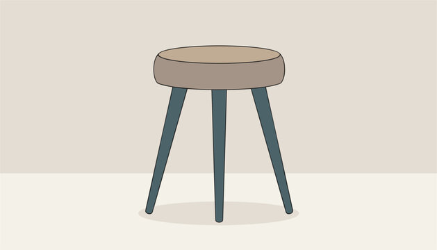 Simple minimalist three legged wooden stool with a round beige padded cushion over a neutral background.