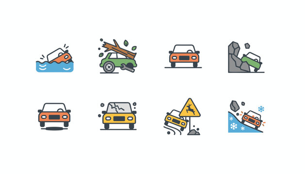 Essential collection of eight car accident and damage icons representing weather hazards and roadside issues.