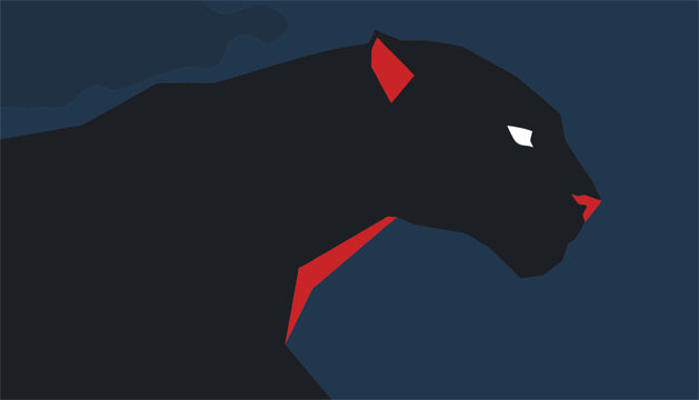 Powerful black panther wild cat profile illustration with striking red accents on a dark blue background.
