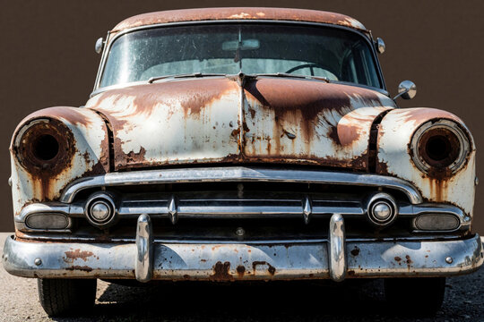 Front view of a derelict vintage car showing severe rust damage and peeling white paint. The old automobile features a chrome grille and bumpers, with missing headlamp. Abandoned vehicle.