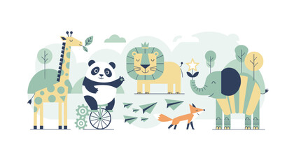 Fototapeta premium Adorable zoo animal characters including a giraffe, panda on a unicycle, king lion, running fox, and striped elephant.