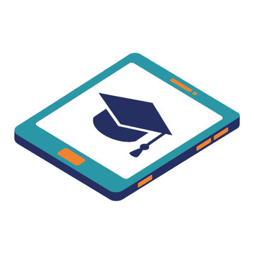 Isometric tablet displaying graduation cap icon for online learning