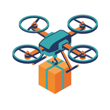 Isometric delivery drone carrying a parcel for shipping service