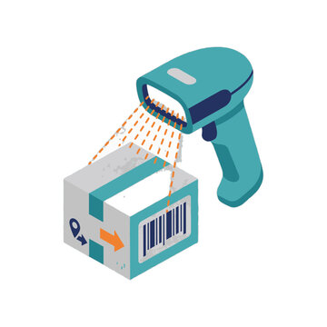 Isometric barcode scanner reading a shipping package label
