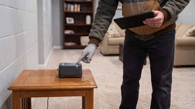 Inspector setting up radon testing continuous monitor device in finished basement with digital tablet for residential indoor air quality and environmental hazard assessment