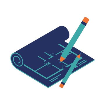 Architectural blueprint roll with pencils for construction planning