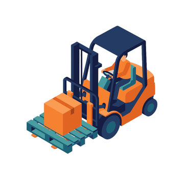 Isometric forklift operator moving a box on a pallet