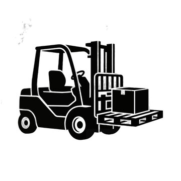 Industrial forklift carrying cardboard box on wooden pallet