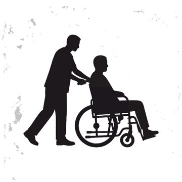 Male caregiver pushing a person in a wheelchair silhouette vector