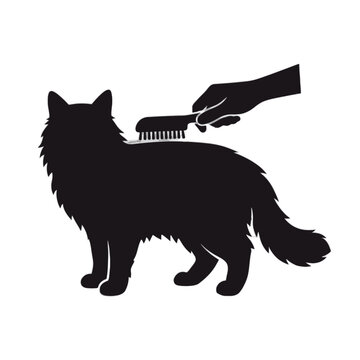 Black silhouette of a hand brushing a long haired cat