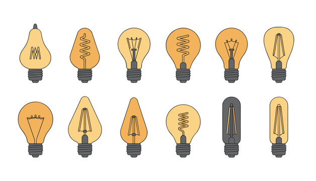 Large set of twelve vintage Edison light bulbs with diverse glowing filaments and shapes on a white background.