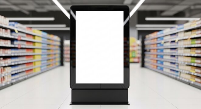 Modern digital advertising display board in a supermarket aisle showcasing products and promotions for shoppers and retail marketing campaigns