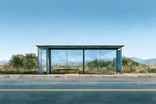 Modern glass bus stop shelter on a rural roadside with mountain view and clear blue sky