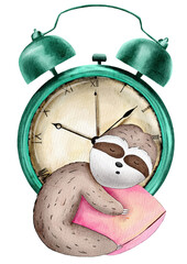 Naklejka premium Watercolor cute sloth sleeping on vintage alarm clock with pillow illustration