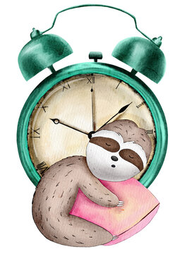 Watercolor cute sloth sleeping on vintage alarm clock with pillow illustration