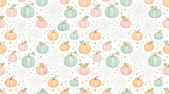 Watercolor pumpkins and autumn leaves seamless pattern on a white background