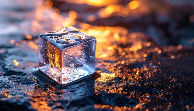 Glowing Ice Cube Reflecting Golden Sunset Light on Dark Wet Surface
