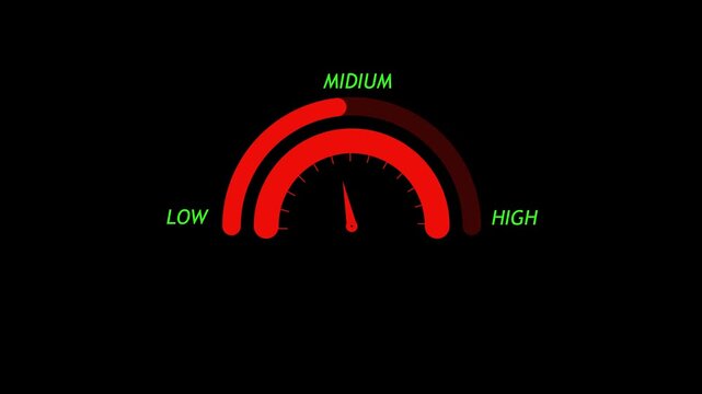   




Safety level indicator gauge icon on black background. Security status meter with low, normal, and high zones for workplace safety monitoring.4k video.