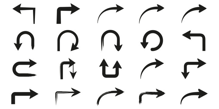 Set of corner and angular turning arrows drawn by hand with directional pointers navigation elements abstract direction right-angle movement