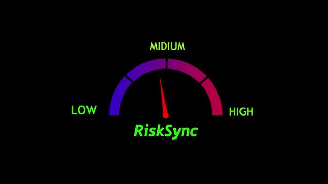 A semicircular gauge with a needle pointing to medium the word RISK below the dial on a black background representing a risk assessment meter. Technical analysis meter icon