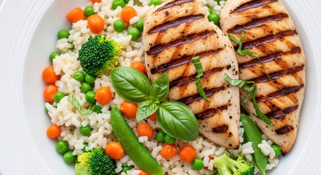 Healthy grilled chicken breast served with colorful vegetable couscous and fresh basil on a white plate for nutritious meal options and dietary choices