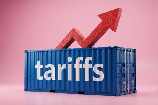 Blue shipping container with white text tariffs. Big red arrow points up above cargo box. Concept of rising import taxes, trade war, inflation, cost increase in global economy. Business symbol for