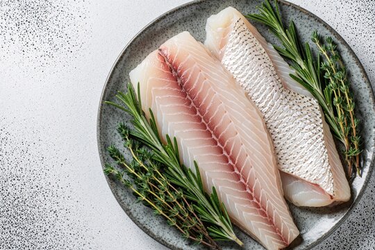 Two raw perch fillets with herbs presented on plate. Clean fish portions ready for culinary preparation. Healthy seafood ingredients for home cooking.