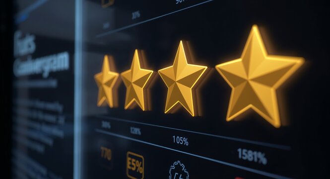 A glowing five star rating system displaying loyalty program statistics in a digital interface with copy space on left, featuring Five-Star and Digital Rating, with Loyalty Statistics, for digital use