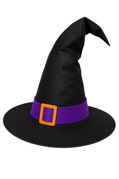 Black witch hat with purple band and orange buckle