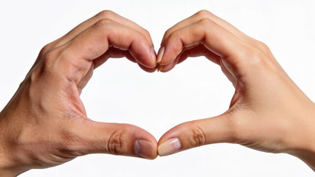 Close-up of a man and woman's hands joining together to form a heart shape gesture on a white background. Romantic, love, relationship and gender unity concept
