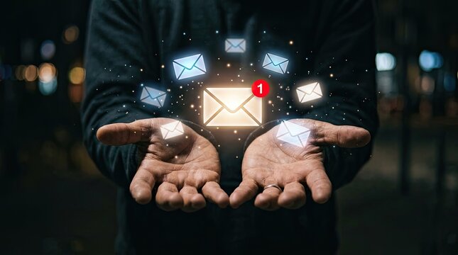 Person holding glowing digital email notification icons in hands