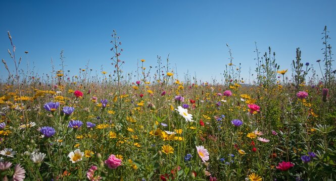 Vibrant field of multicolored wildflowers blooming under clear bright blue sky with copy space on left, featuring Clear Sky and Colorful, with Vibrant Wildflowers, for commercial use, for campaign use